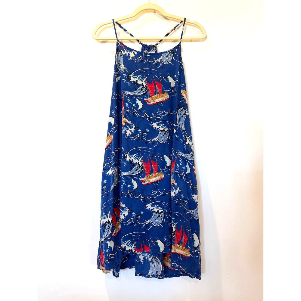 Patagonia Racer Back Sun Dress Medium Blue Hawaiian Hi Low Hem Tencel